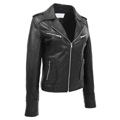 Womens Leather Fitted Biker Style Jacket Kim Black - genuine leather jacket in black with fitted
