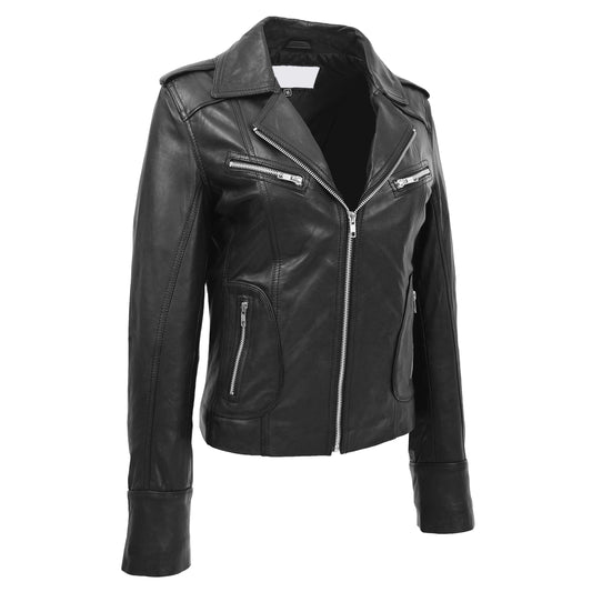 Womens Leather Fitted Biker Style Jacket Kim Black - genuine leather jacket in black with fitted