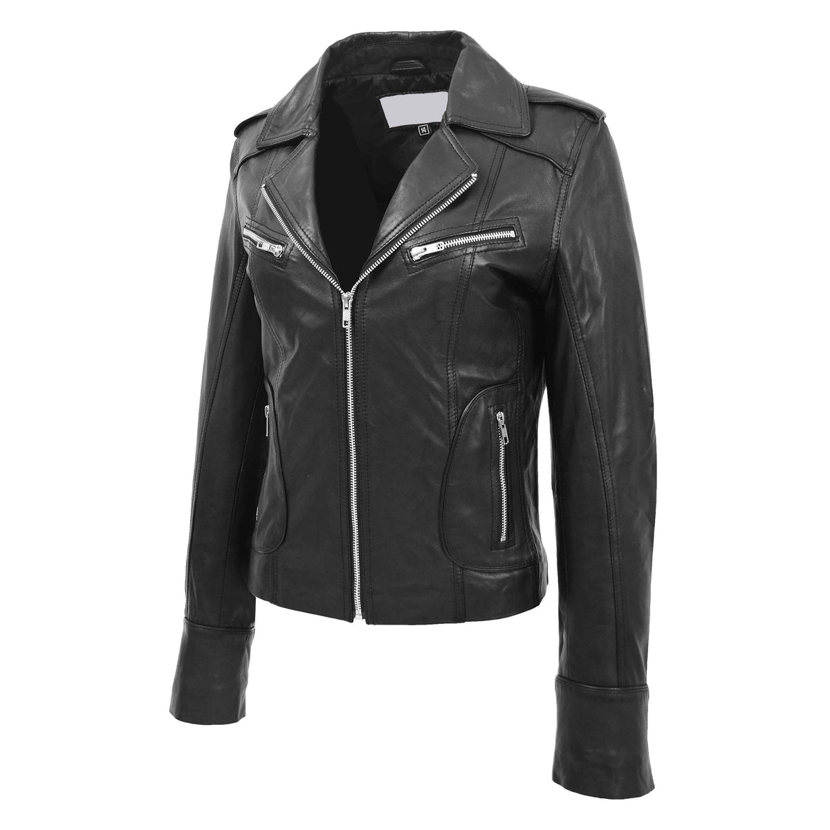 Womens Leather Fitted Biker Style Jacket Kim Black - genuine leather jacket in black with biker
