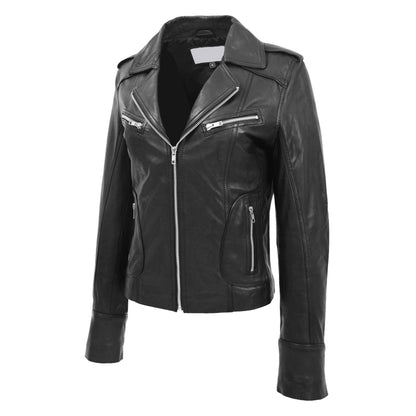 Womens Leather Fitted Biker Style Jacket Kim Black - genuine leather jacket in black with biker