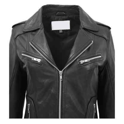 Womens Leather Fitted Biker Style Jacket Kim Black - genuine leather jacket in black with fitted
