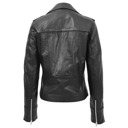 Womens Leather Fitted Biker Style Jacket Kim Black - genuine leather jacket in black with biker