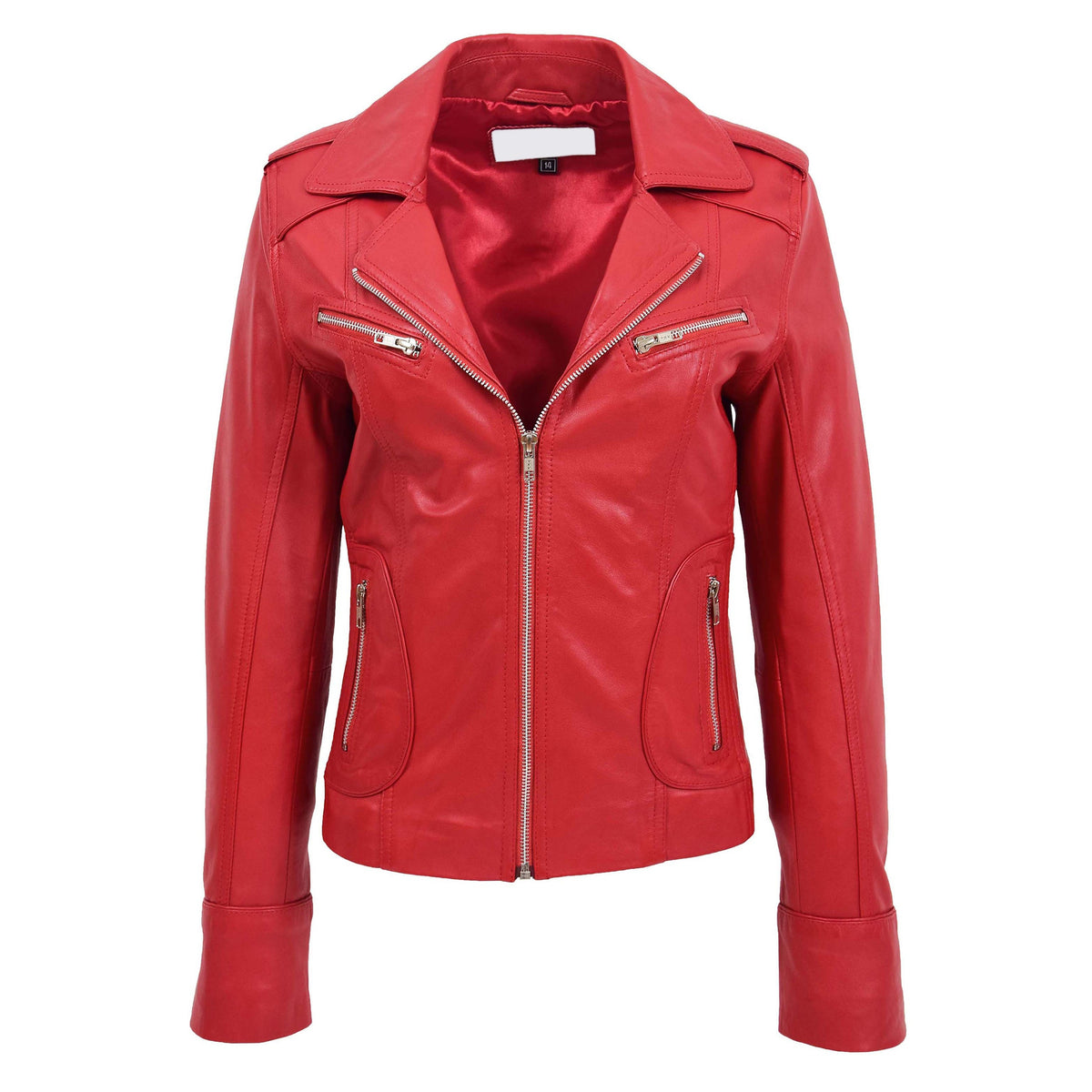 Womens Leather Fitted Biker Style Jacket Kim Red - genuine leather jacket in red with four outer pockets
