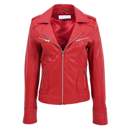 Womens Leather Fitted Biker Style Jacket Kim Red - genuine leather jacket in red with four outer pockets