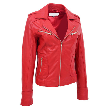 Womens Leather Fitted Biker Style Jacket Kim Red - genuine leather jacket in red with fitted