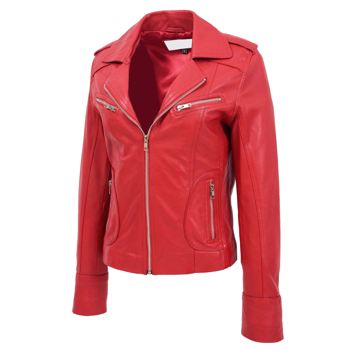 Womens Leather Fitted Biker Style Jacket Kim Red - genuine leather jacket in red with biker