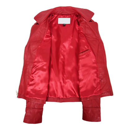 Womens Leather Fitted Biker Style Jacket Kim Red - genuine leather jacket in red with four outer pockets
