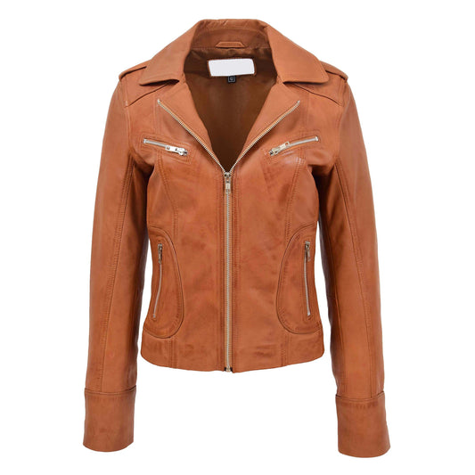 Womens Leather Fitted Biker Style Jacket Kim Tan - genuine leather jacket in tan with four outer pockets