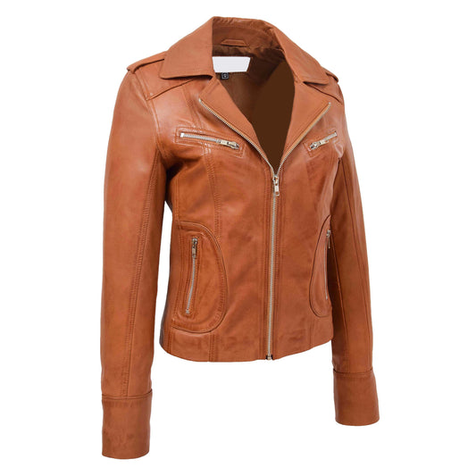 Womens Leather Fitted Biker Style Jacket Kim Tan - genuine leather jacket in tan with fitted