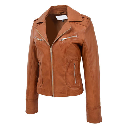 Womens Leather Fitted Biker Style Jacket Kim Tan - genuine leather jacket in tan with biker