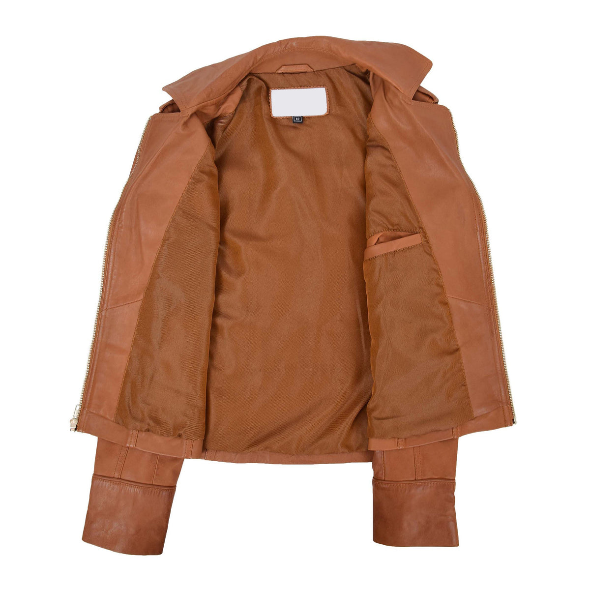 Womens Leather Fitted Biker Style Jacket Kim Tan - genuine leather jacket in tan with four outer pockets