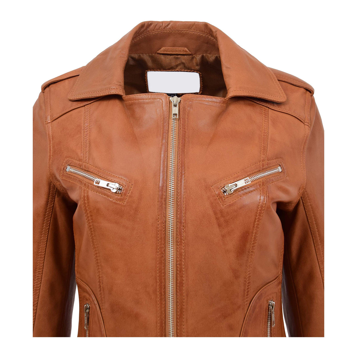 Womens Leather Fitted Biker Style Jacket Kim Tan - genuine leather jacket in tan with fitted
