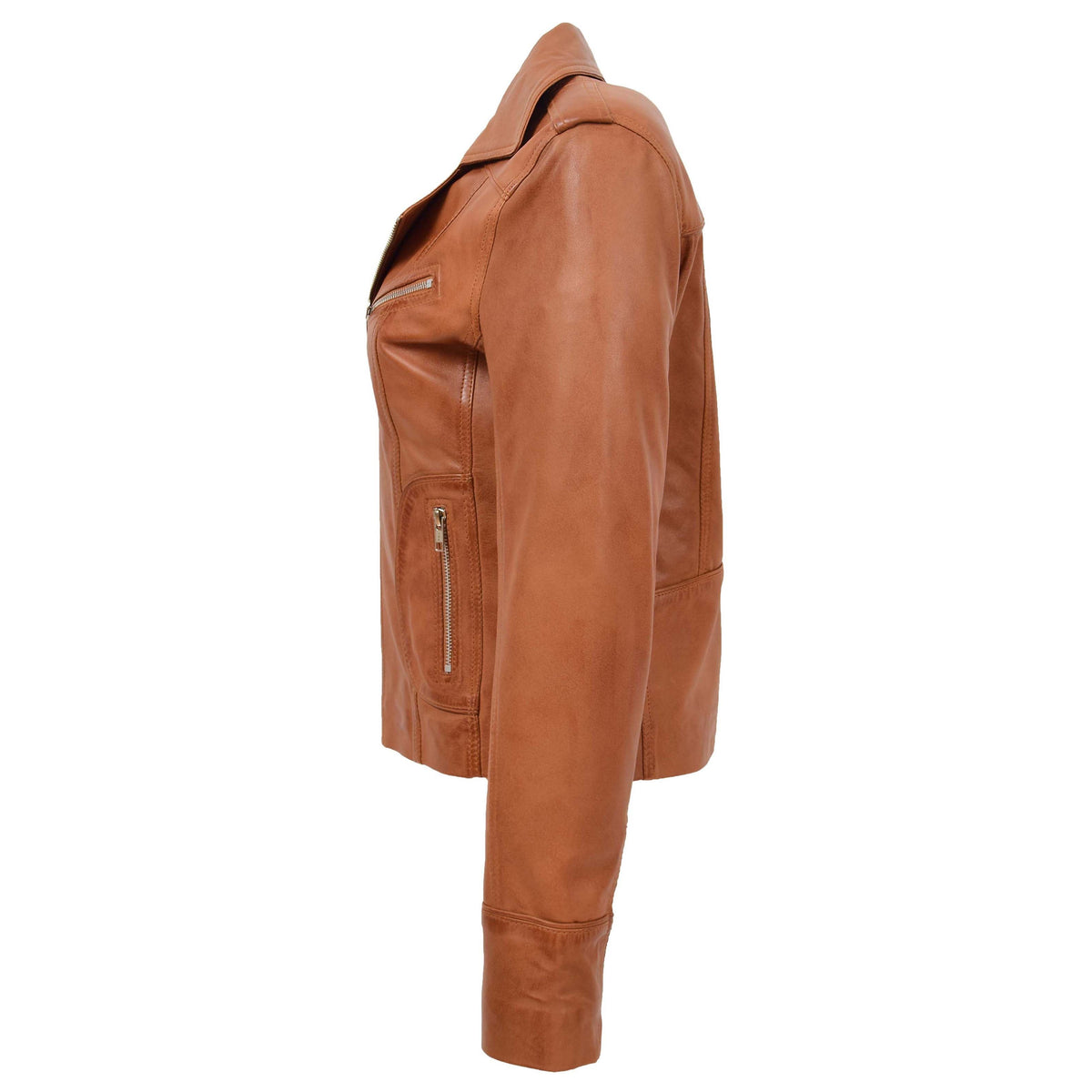 Womens Leather Fitted Biker Style Jacket Kim Tan - genuine leather jacket in tan with biker