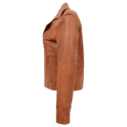 Womens Leather Fitted Biker Style Jacket Kim Tan - genuine leather jacket in tan with biker