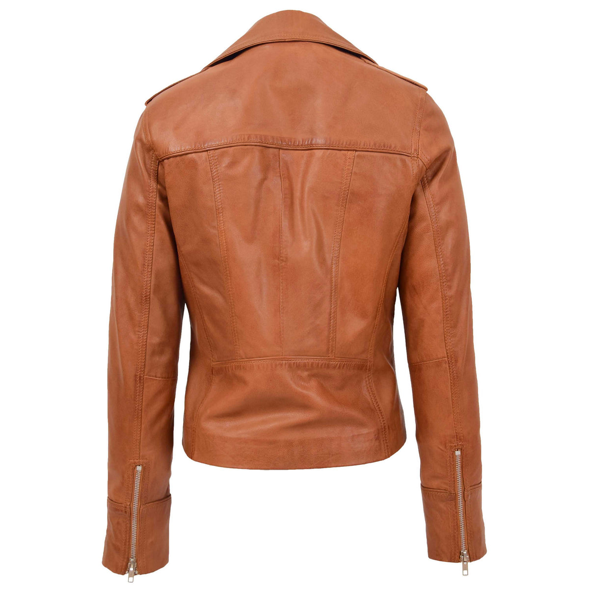 Womens Leather Fitted Biker Style Jacket Kim Tan - genuine leather jacket in tan with four outer pockets