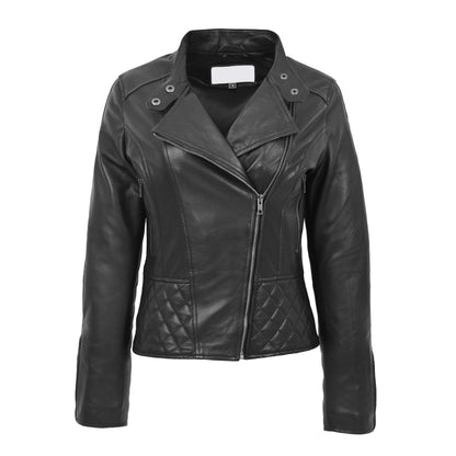 Womens Leather Stand-Up Collar Biker Jacket Laura Black - genuine leather jacket in black with two outer pockets