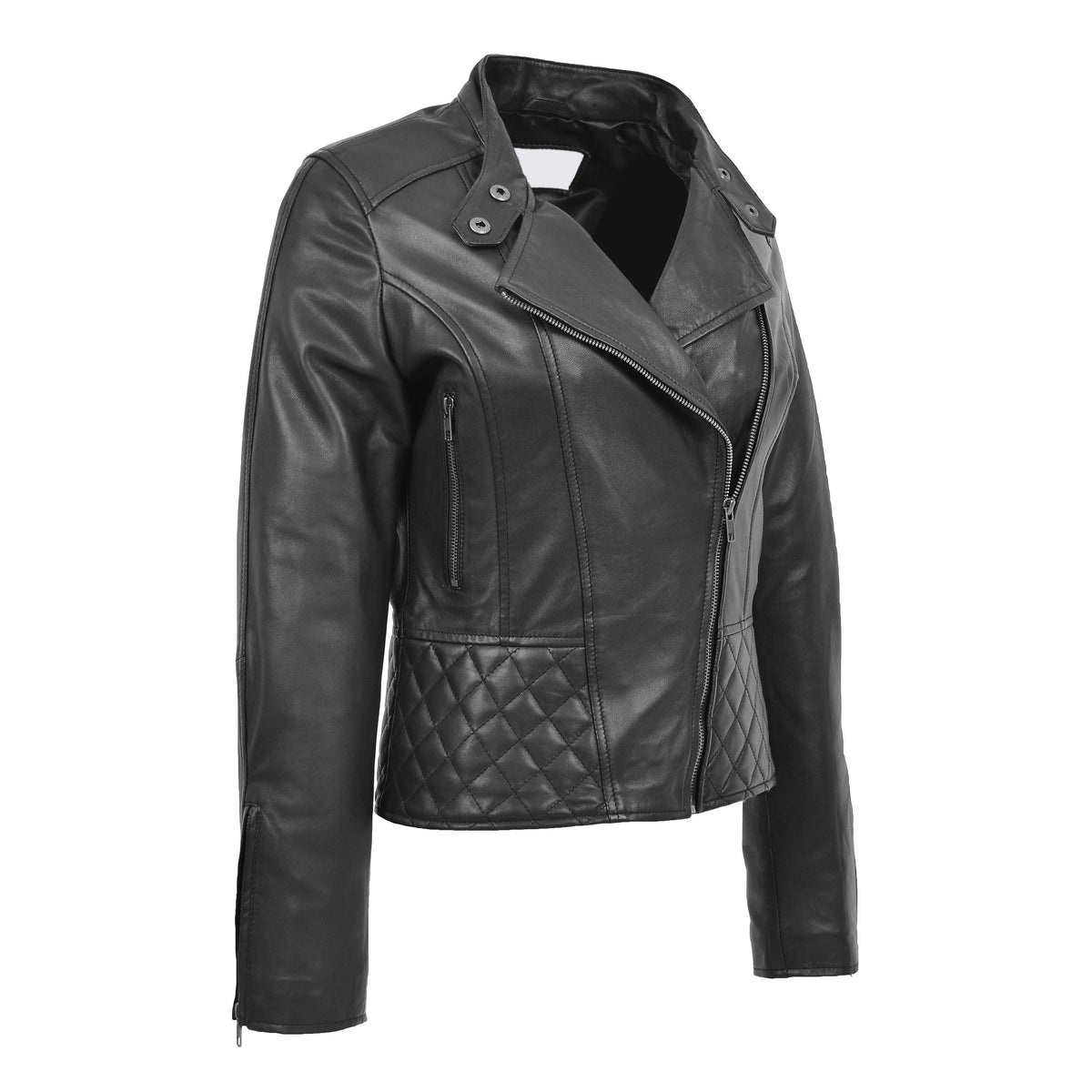 Womens Leather Stand-Up Collar Biker Jacket Laura Black - genuine leather jacket in black with biker