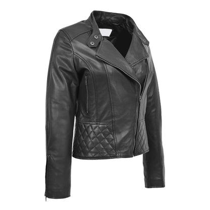 Womens Leather Stand-Up Collar Biker Jacket Laura Black - genuine leather jacket in black with biker