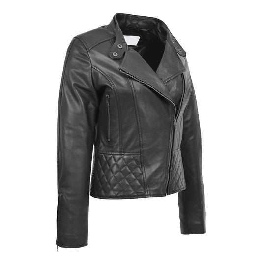Womens Leather Stand-Up Collar Biker Jacket Laura Black - genuine leather jacket in black with biker