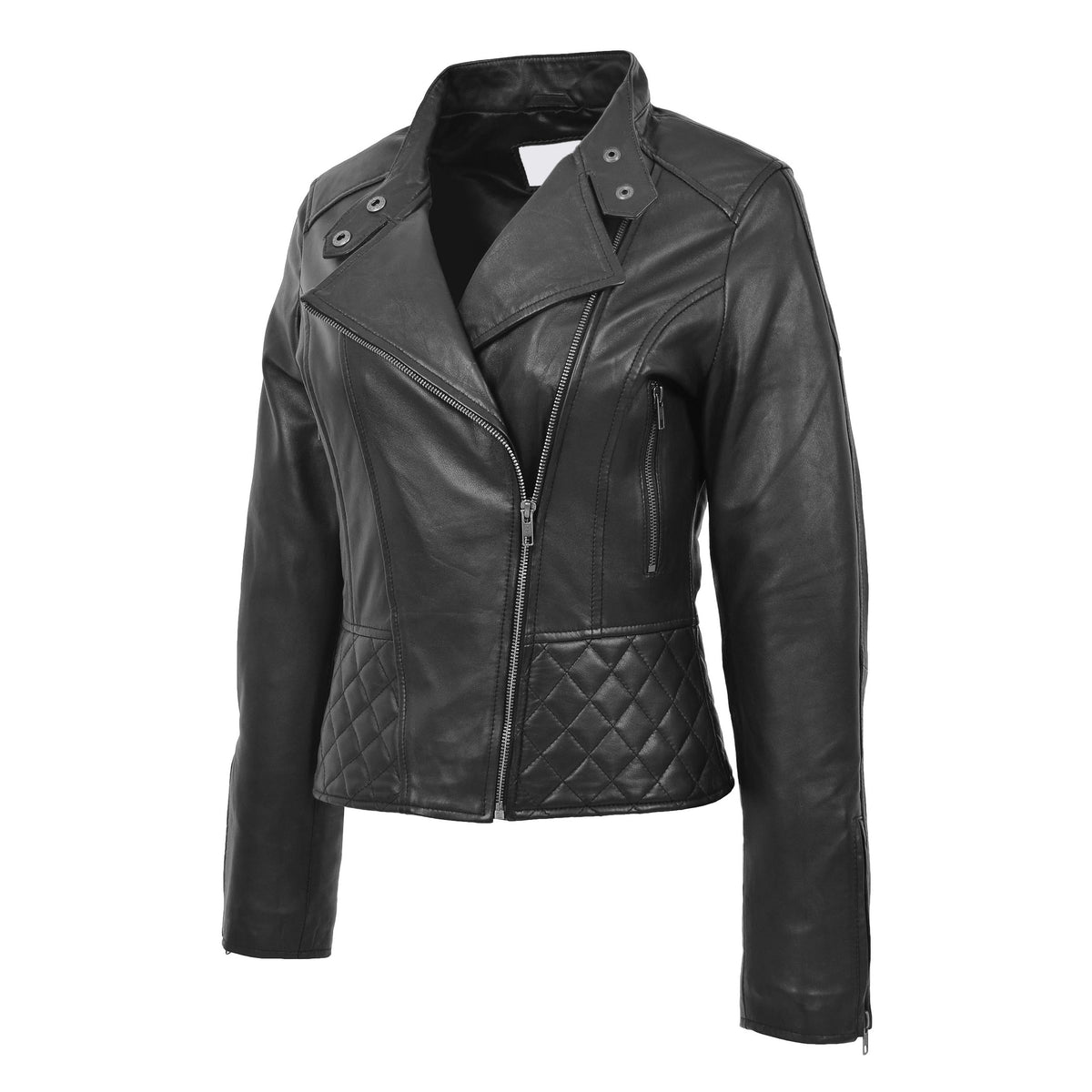 Womens Leather Stand-Up Collar Biker Jacket Laura Black - genuine leather jacket in black with two outer pockets
