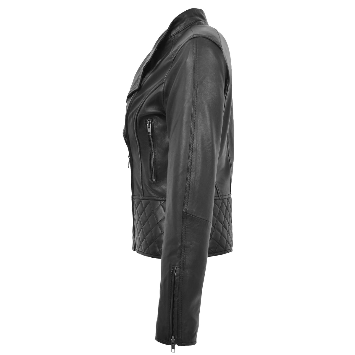 Womens Leather Stand-Up Collar Biker Jacket Laura Black - genuine leather jacket in black with two outer pockets