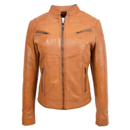 Womens Leather Standing Collar Jacket Becky Tan - genuine leather jacket in tan with four outer pockets