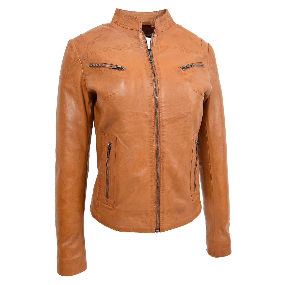 Womens Leather Standing Collar Jacket Becky Tan - genuine leather jacket in tan with four outer pockets