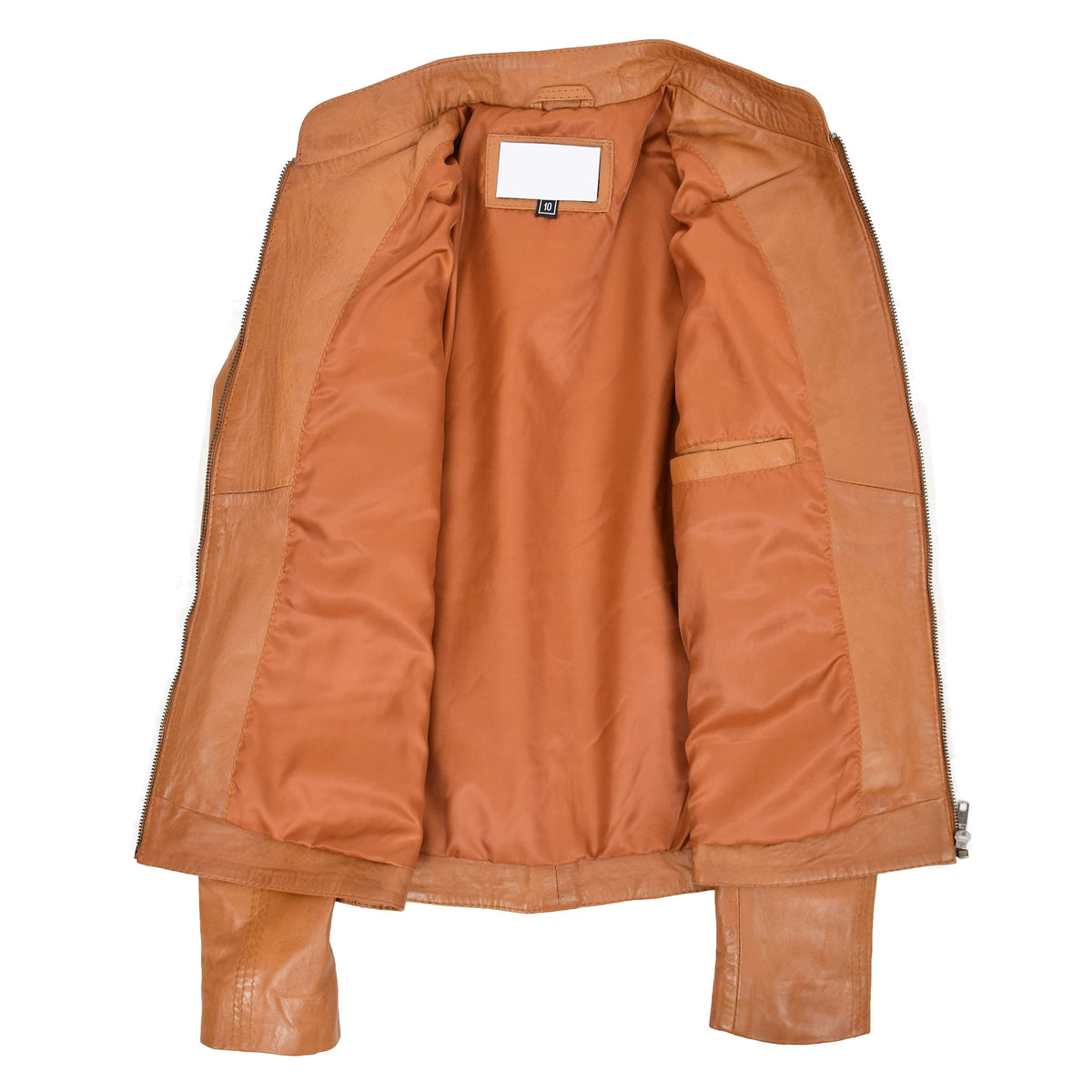 Womens Leather Standing Collar Jacket Becky Tan - genuine leather jacket in tan with four outer pockets