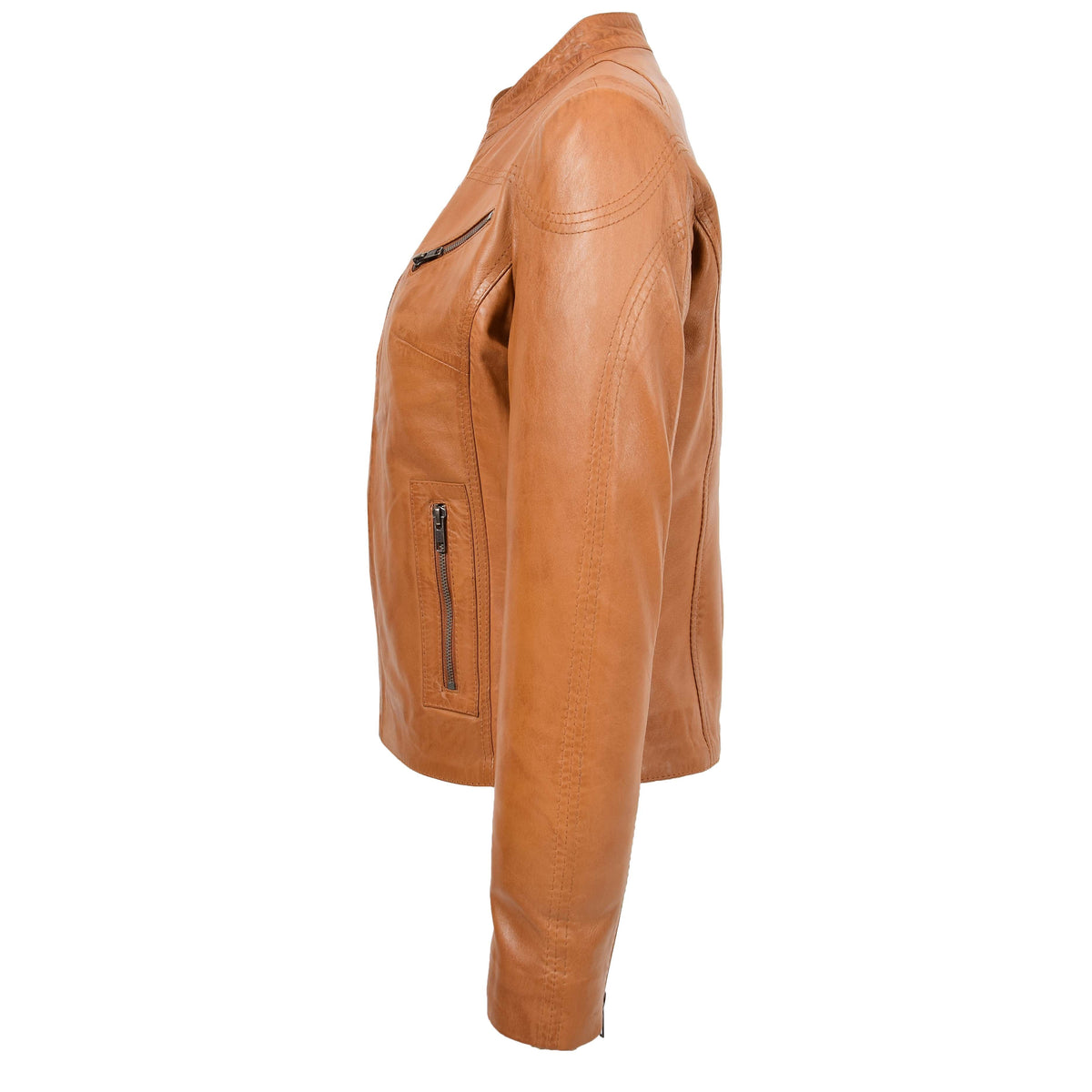 Womens Leather Standing Collar Jacket Becky Tan - genuine leather jacket in tan with four outer pockets