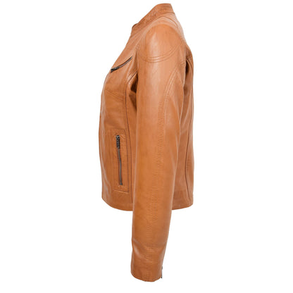 Womens Leather Standing Collar Jacket Becky Tan - genuine leather jacket in tan with four outer pockets