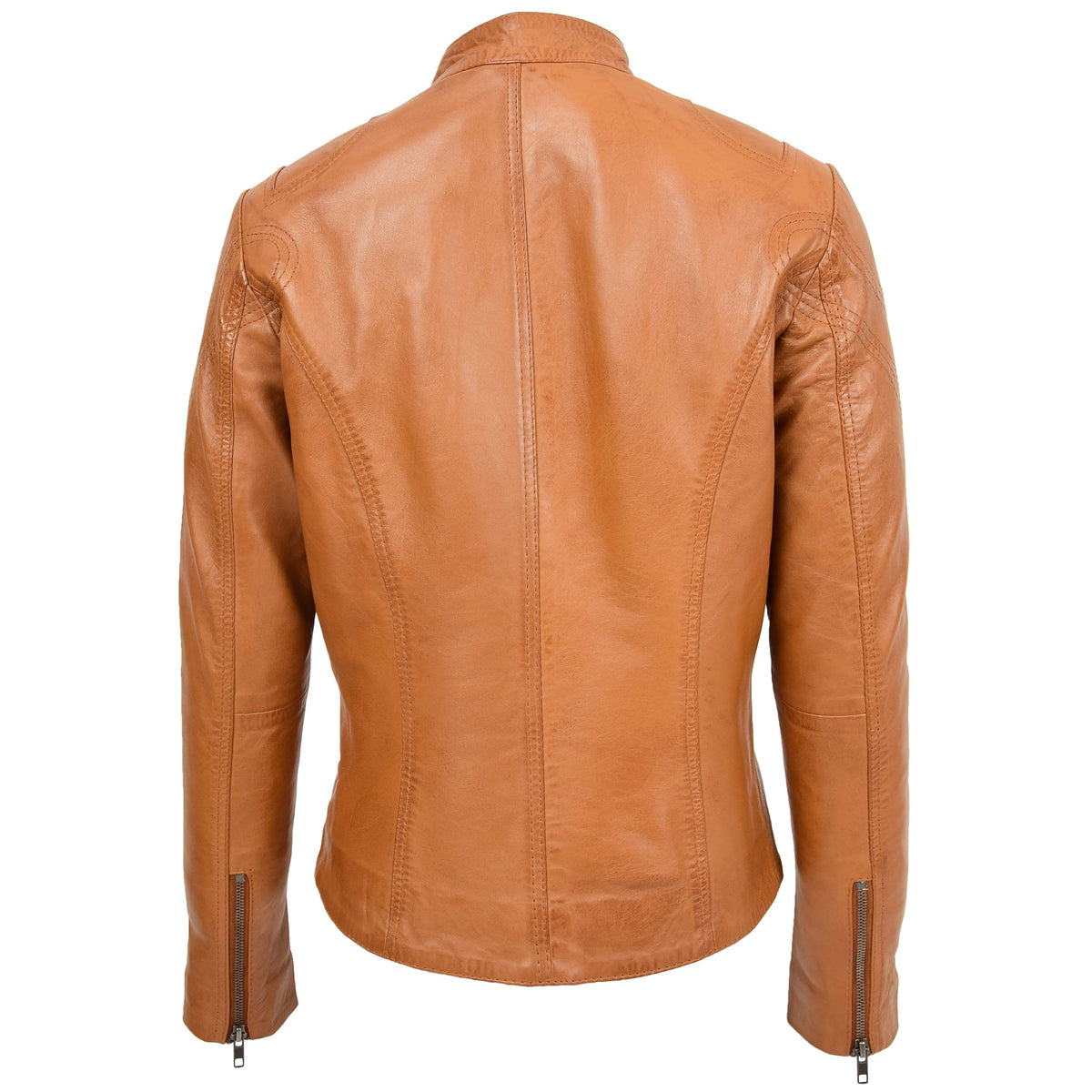Womens Leather Standing Collar Jacket Becky Tan - genuine leather jacket in tan with four outer pockets