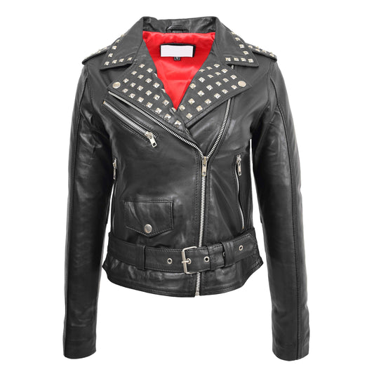 Womens Leather Studded Brando Style Jacket Salma Black - genuine leather jacket in black with three outer pockets