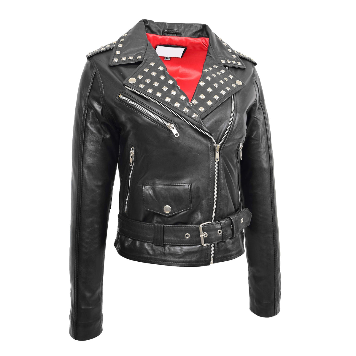 Womens Leather Studded Brando Style Jacket Salma Black - genuine leather jacket in black with three outer pockets