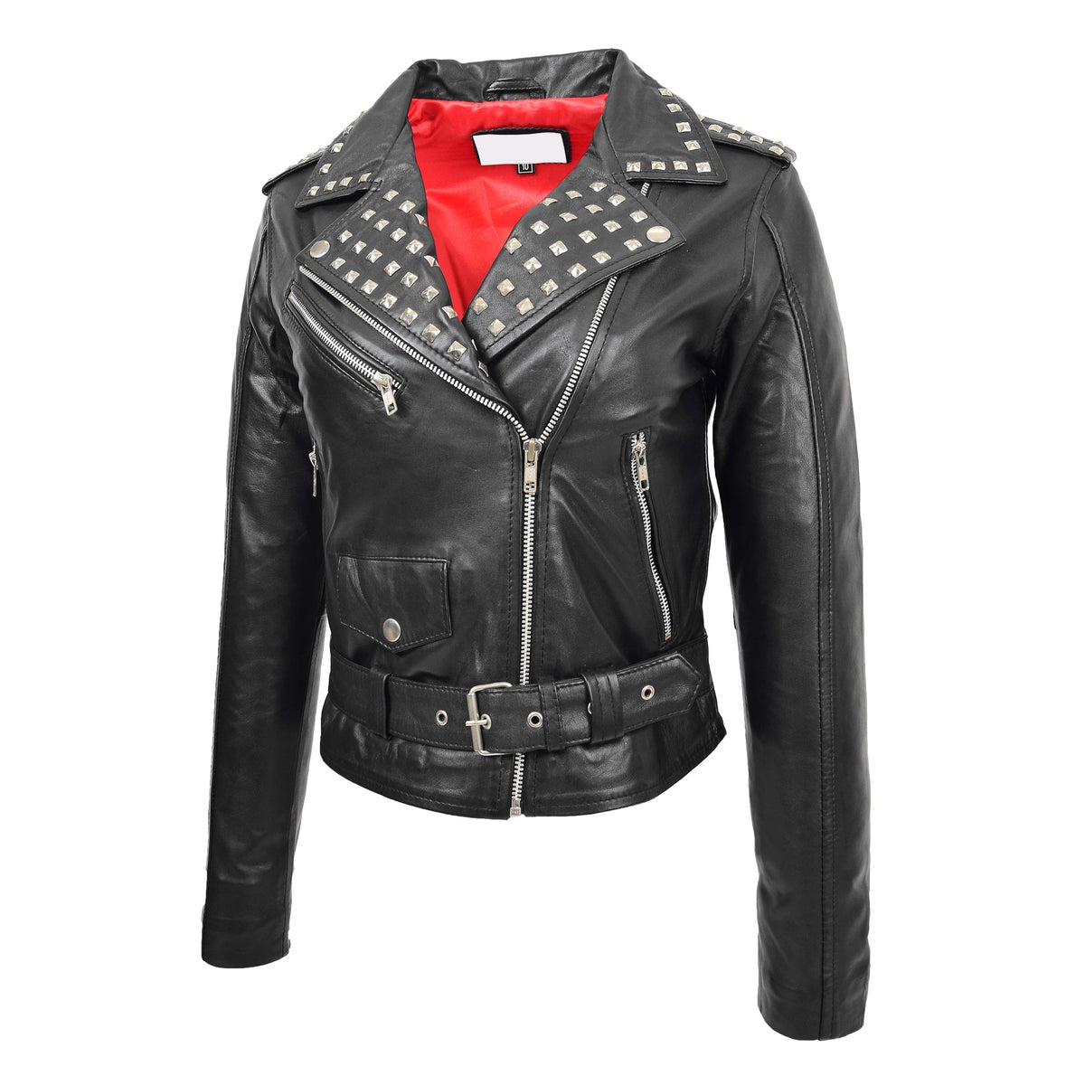 Womens Leather Studded Brando Style Jacket Salma Black - genuine leather jacket in black with three outer pockets