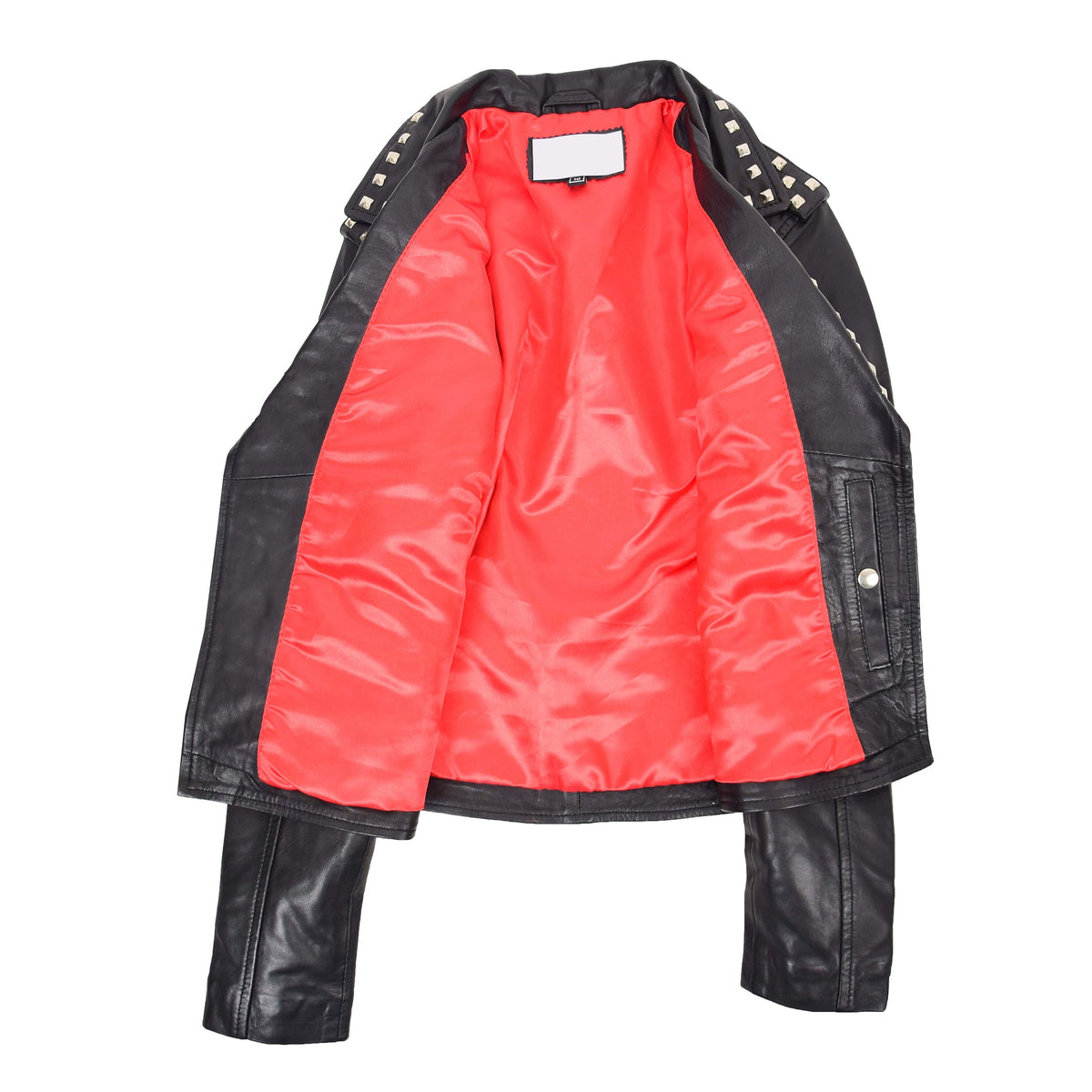 Womens Leather Studded Brando Style Jacket Salma Black - genuine leather jacket in black with three outer pockets
