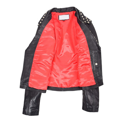 Womens Leather Studded Brando Style Jacket Salma Black - genuine leather jacket in black with three outer pockets