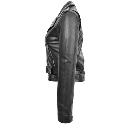 Womens Leather Studded Brando Style Jacket Salma Black - genuine leather jacket in black with three outer pockets