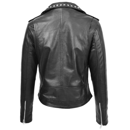 Womens Leather Studded Brando Style Jacket Salma Black - genuine leather jacket in black with three outer pockets