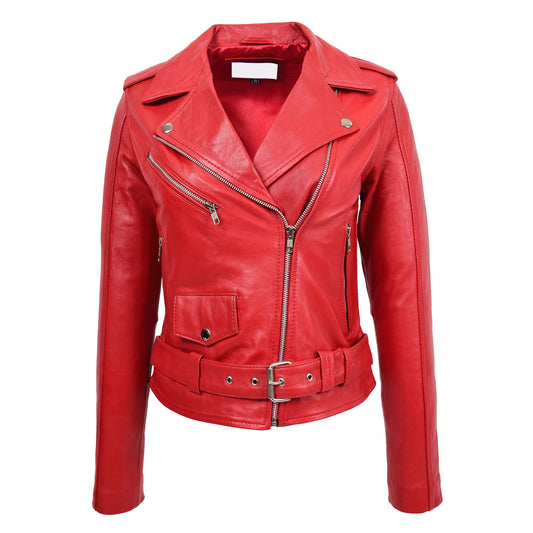 Womens Real Leather Biker Brando Style Jacket Mia Red - genuine leather jacket in red with three outer pockets