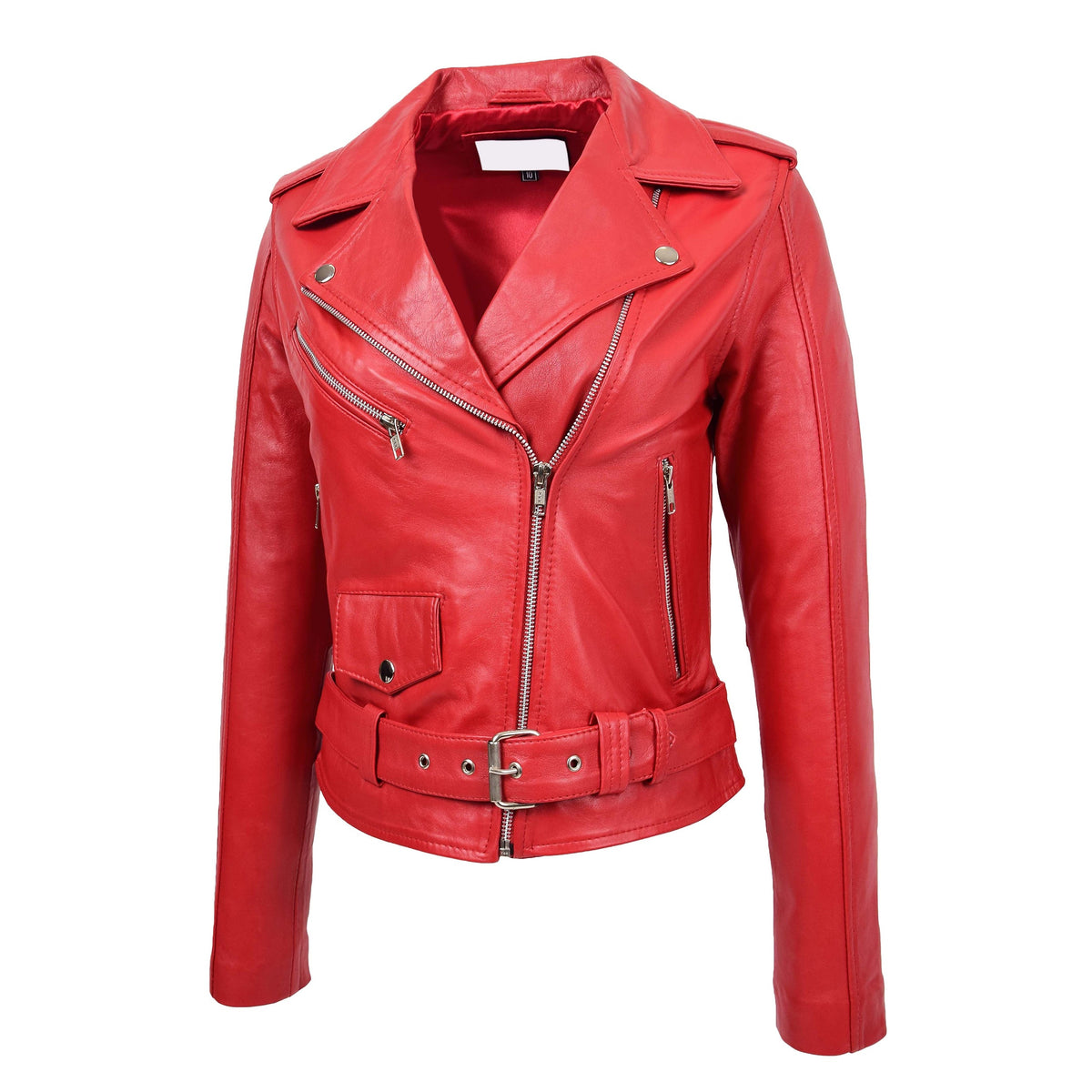 Womens Real Leather Biker Brando Style Jacket Mia Red - genuine leather jacket in red with three outer pockets