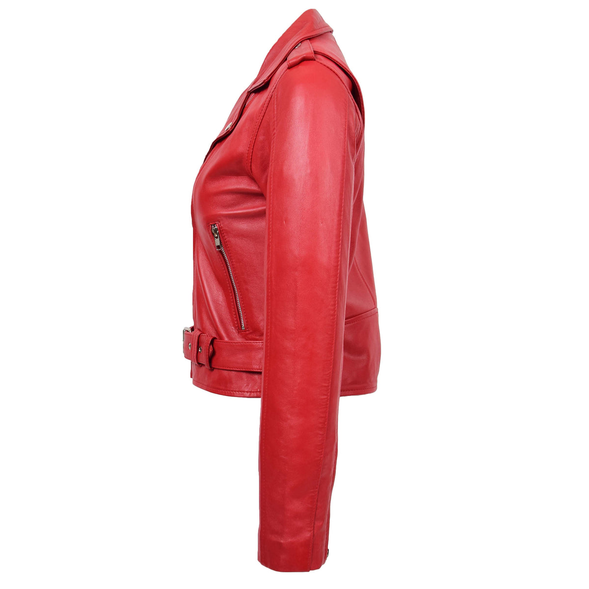 Womens Real Leather Biker Brando Style Jacket Mia Red - genuine leather jacket in red with three outer pockets