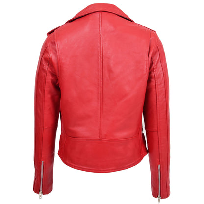 Womens Real Leather Biker Brando Style Jacket Mia Red - genuine leather jacket in red with biker
