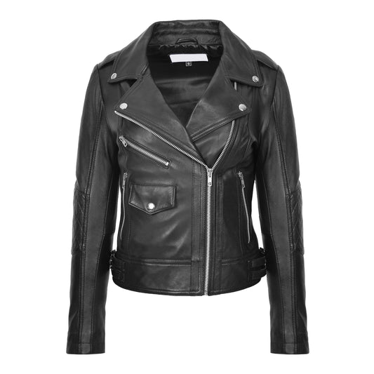 Womens Real Leather Biker Cross Zip Fashion Jacket Remi Black - genuine leather jacket in black with cross zip