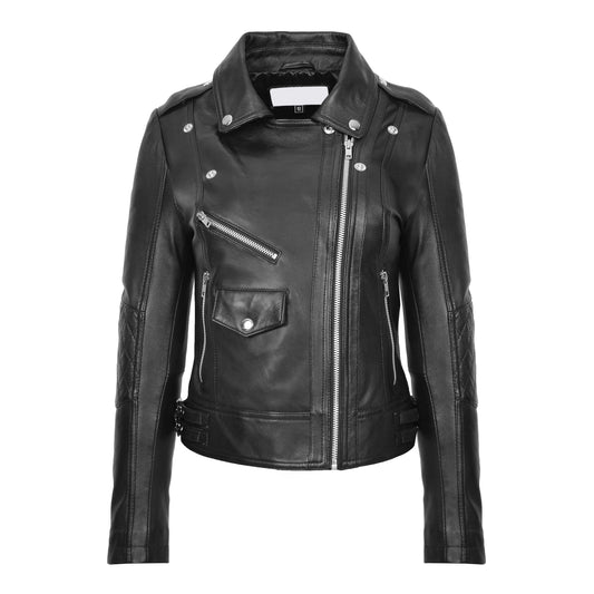 Womens Real Leather Biker Cross Zip Fashion Jacket Remi Black - genuine leather jacket in black with three outer pockets