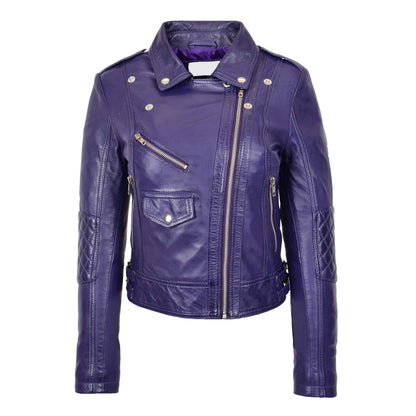 Womens Real Leather Biker Cross Zip Fashion Jacket Remi Purple - genuine leather jacket in purple with cross zip