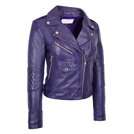 Womens Real Leather Biker Cross Zip Fashion Jacket Remi Purple - genuine leather jacket in purple with biker