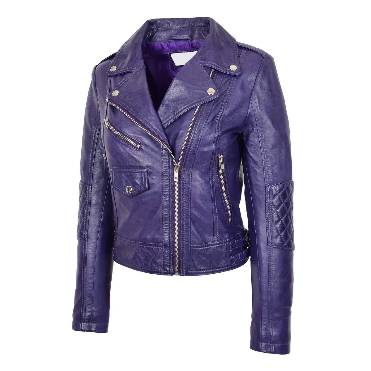Womens Real Leather Biker Cross Zip Fashion Jacket Remi Purple - genuine leather jacket in purple with biker