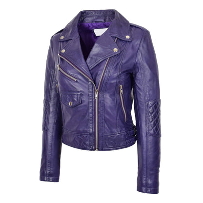 Womens Real Leather Biker Cross Zip Fashion Jacket Remi Purple - genuine leather jacket in purple with biker
