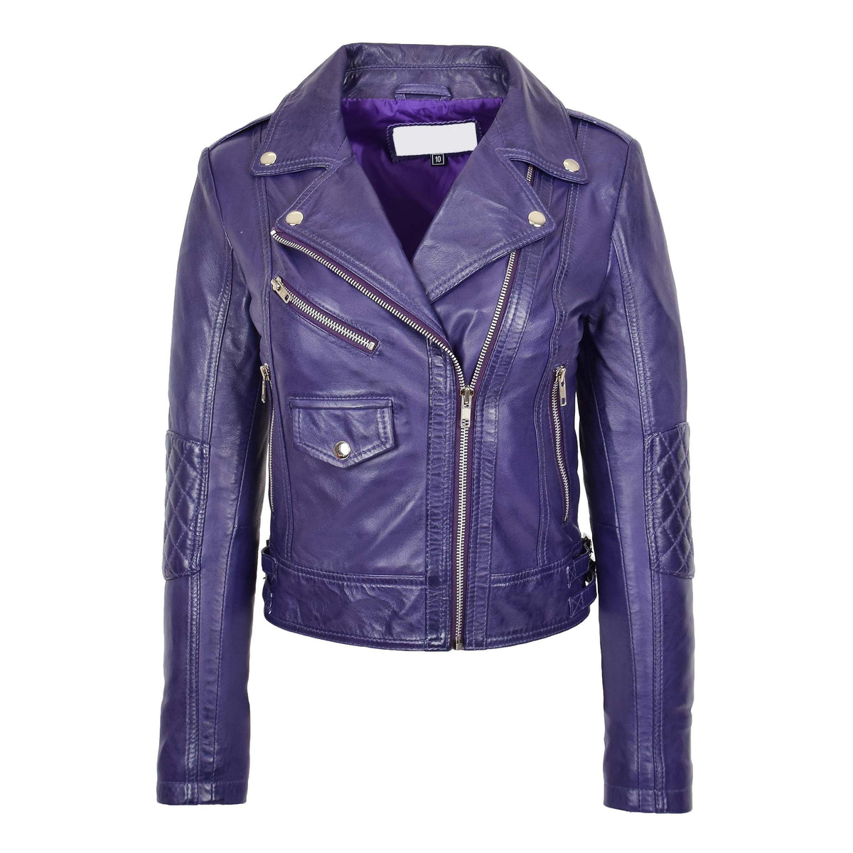 Womens Real Leather Biker Cross Zip Fashion Jacket Remi Purple - genuine leather jacket in purple with cross zip
