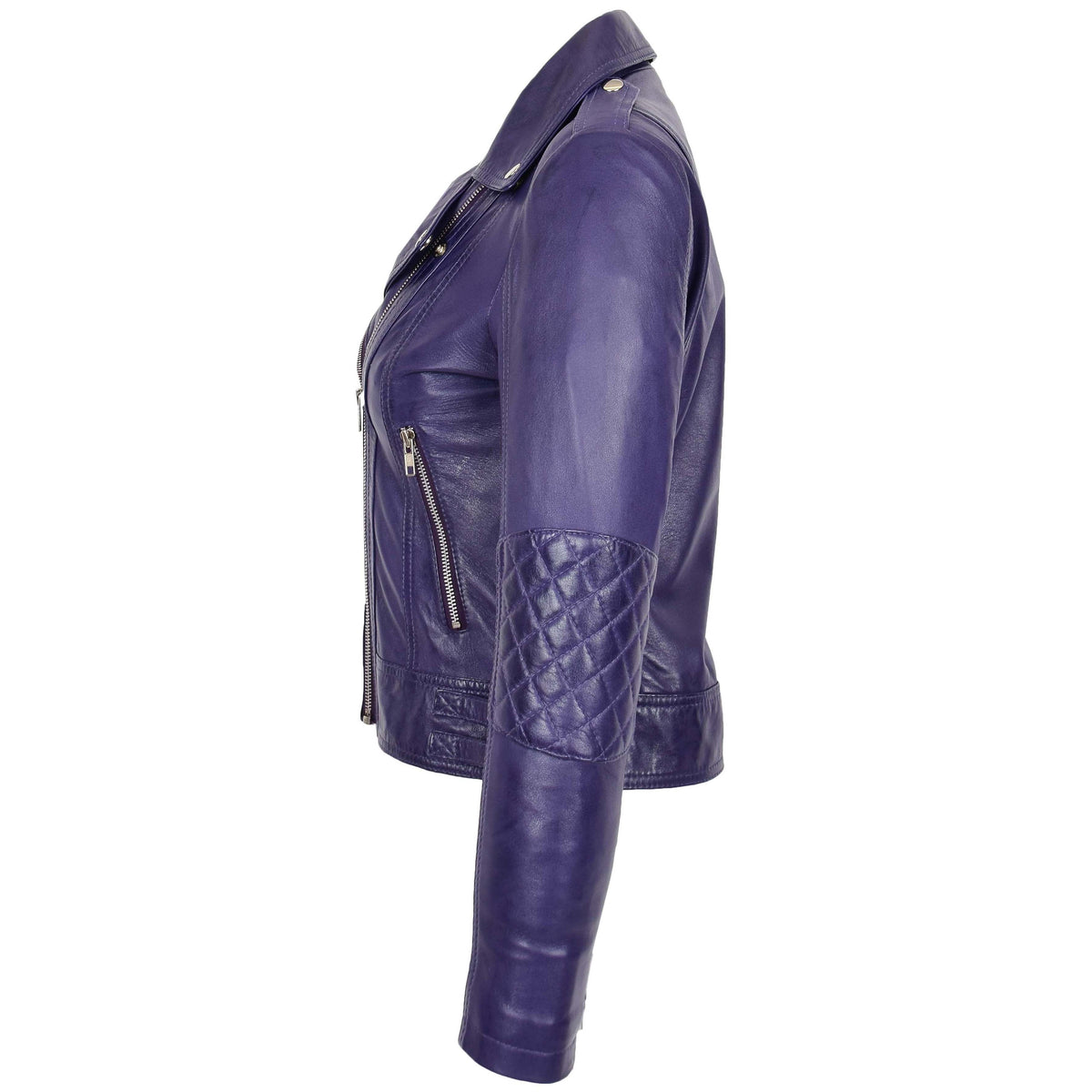 Womens Real Leather Biker Cross Zip Fashion Jacket Remi Purple - genuine leather jacket in purple with biker